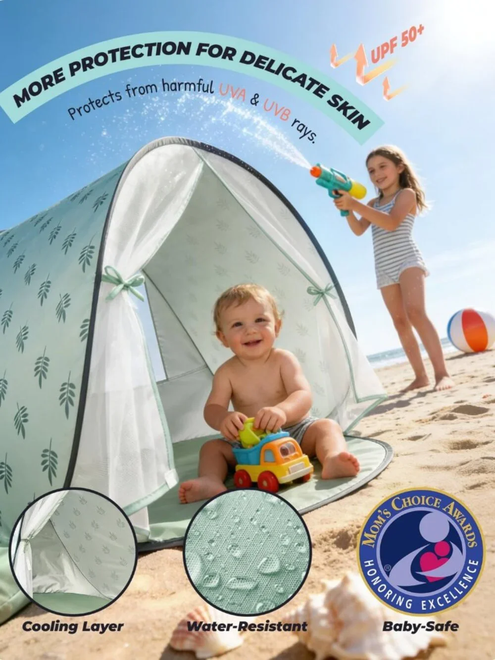 Baby Beach Tent Pop Up Mint Green UPF 50+ Portable Sun Shade Shelter